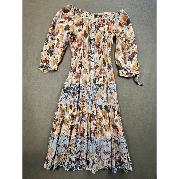 Figeroura & Flower Dresses & Skirts - Figeroura &Flower Womens M Floral Midi Dress Smocked Waist Tiered Puff Sleeve